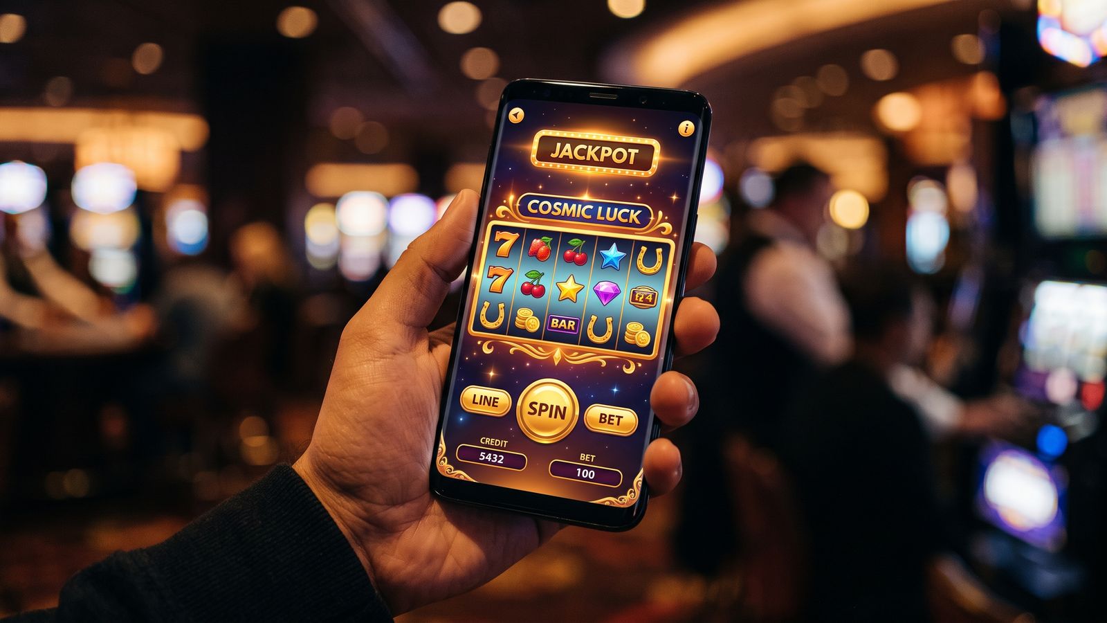 Smartphone displaying casino slot game on screen